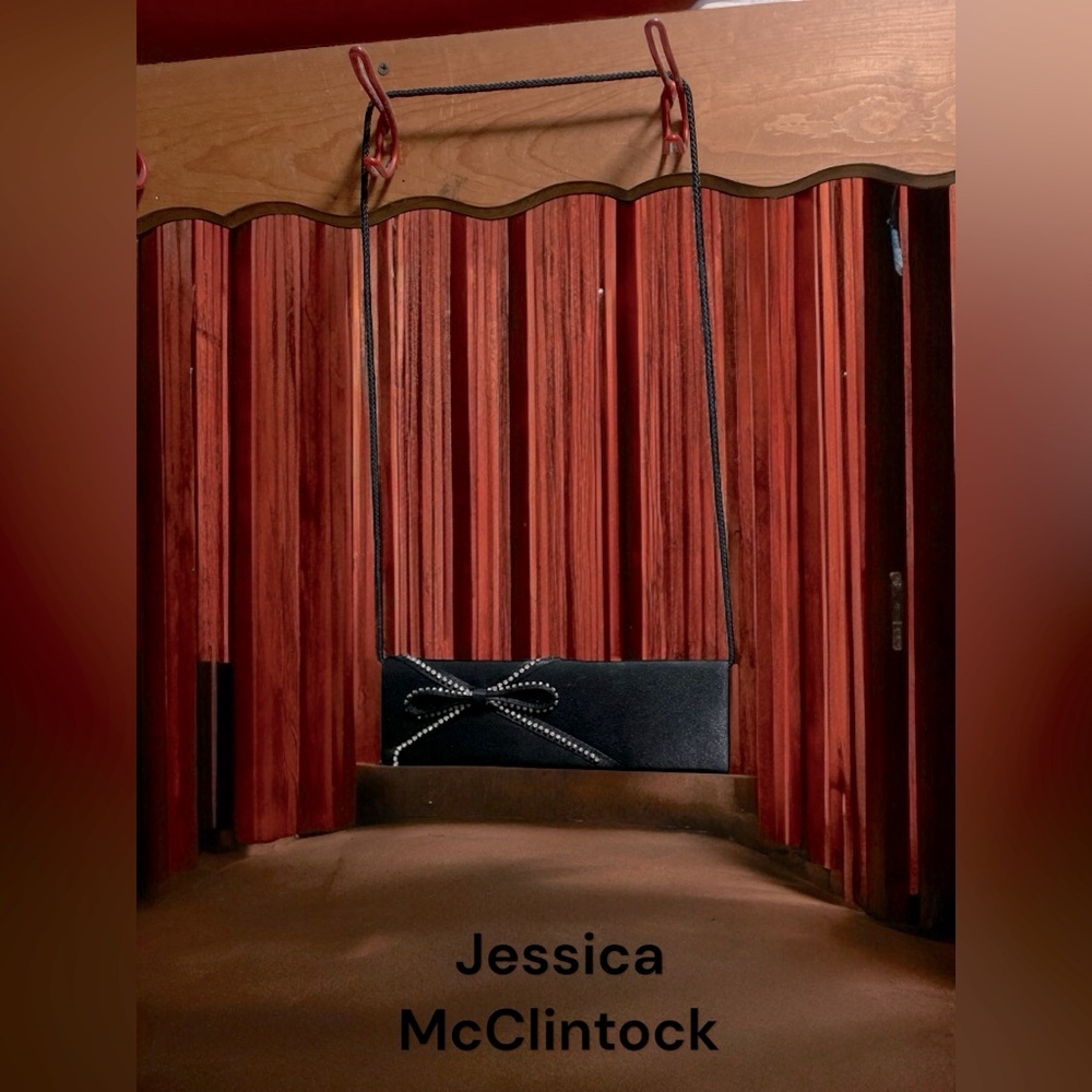 Jessica McClintock black clutch purse snap close bow rope style strap 11 x 3 in
